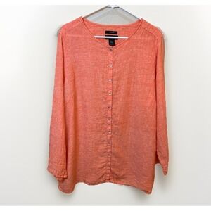 Tahari Linen Coral Textured Longline Button Front Tunic Roll tab Sleeves 2x